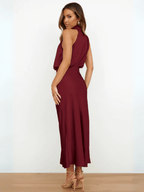 Vestido Midi Acetinado Acinturado com Gola Alta Drapeada Elegante – Rayca