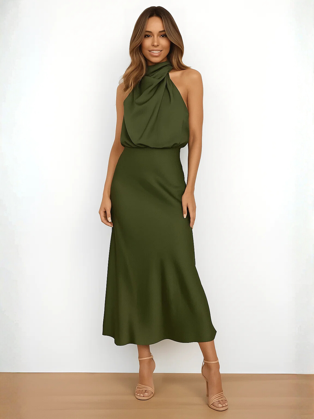 Vestido Midi Acetinado Acinturado com Gola Alta Drapeada Elegante – Rayca