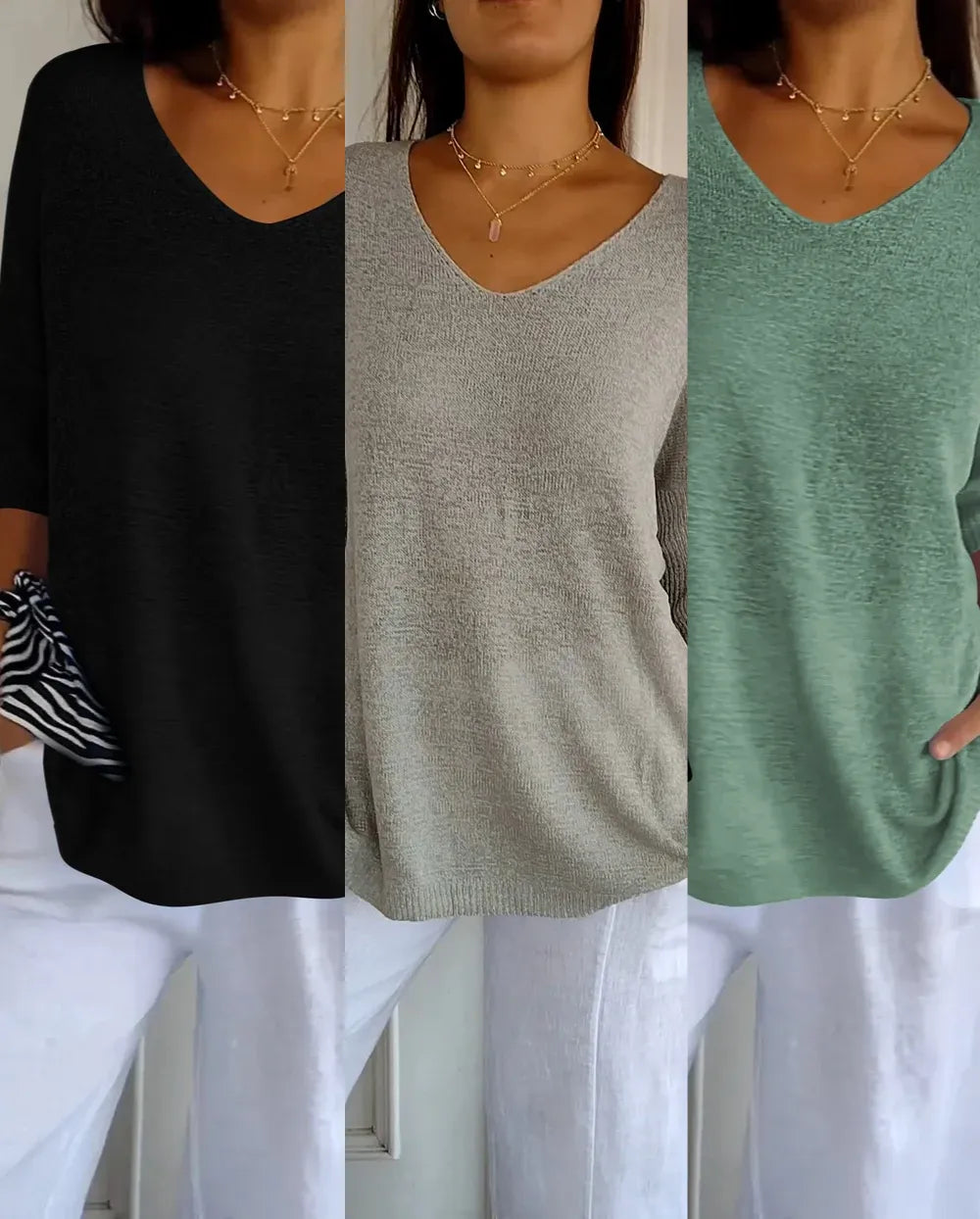 Kit 3 Blusas Luna® em Malha Leve – Decote V